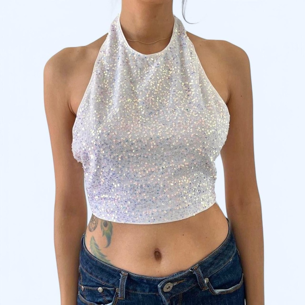 🤍 OHS White Sparkly Sequin Halter Top 🤍
